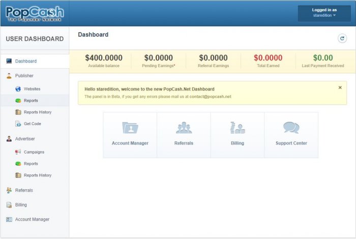 popcash user dashboard