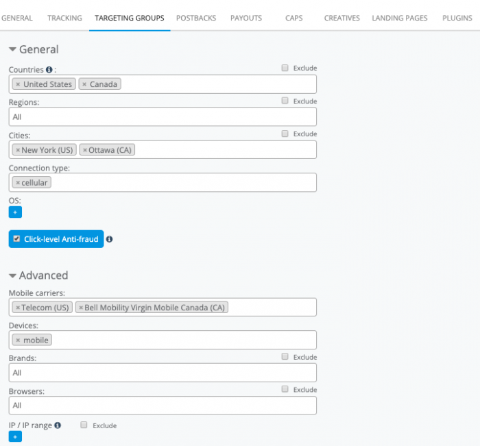 affise targeting settings 