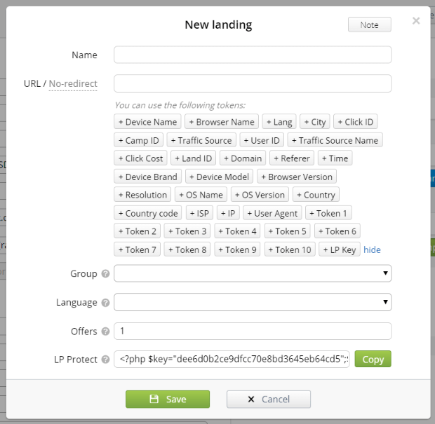 creating a new landing in binom tracker