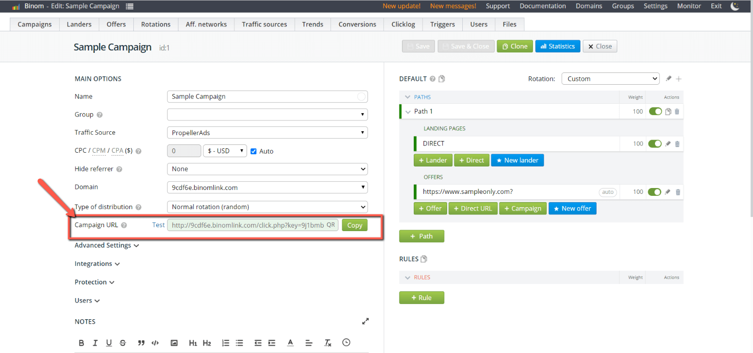 campaign url in binom tracker