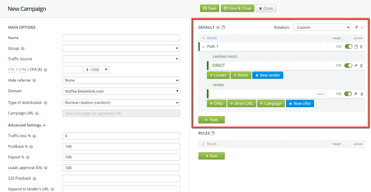 campaign rules in binom tracker